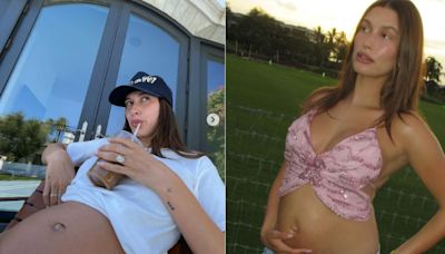 Hailey Bieber cradles her baby bump in new pictures after pregnancy announcement with Justin Bieber; Kylie Jenner reacts