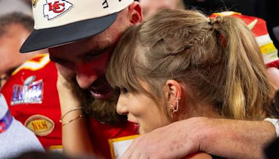 Travis Kelce's stud redemption as Taylor Swift's midriff dress dazzles (PHOTOS)