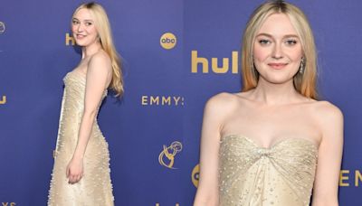 Dakota Fanning Shines in Pearl Overlay Armani Privé Dress for Emmy Awards 2024 Red Carpet