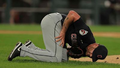 Guardians right-hander Ben Lively departs after he gets hit on his right leg by a comebacker