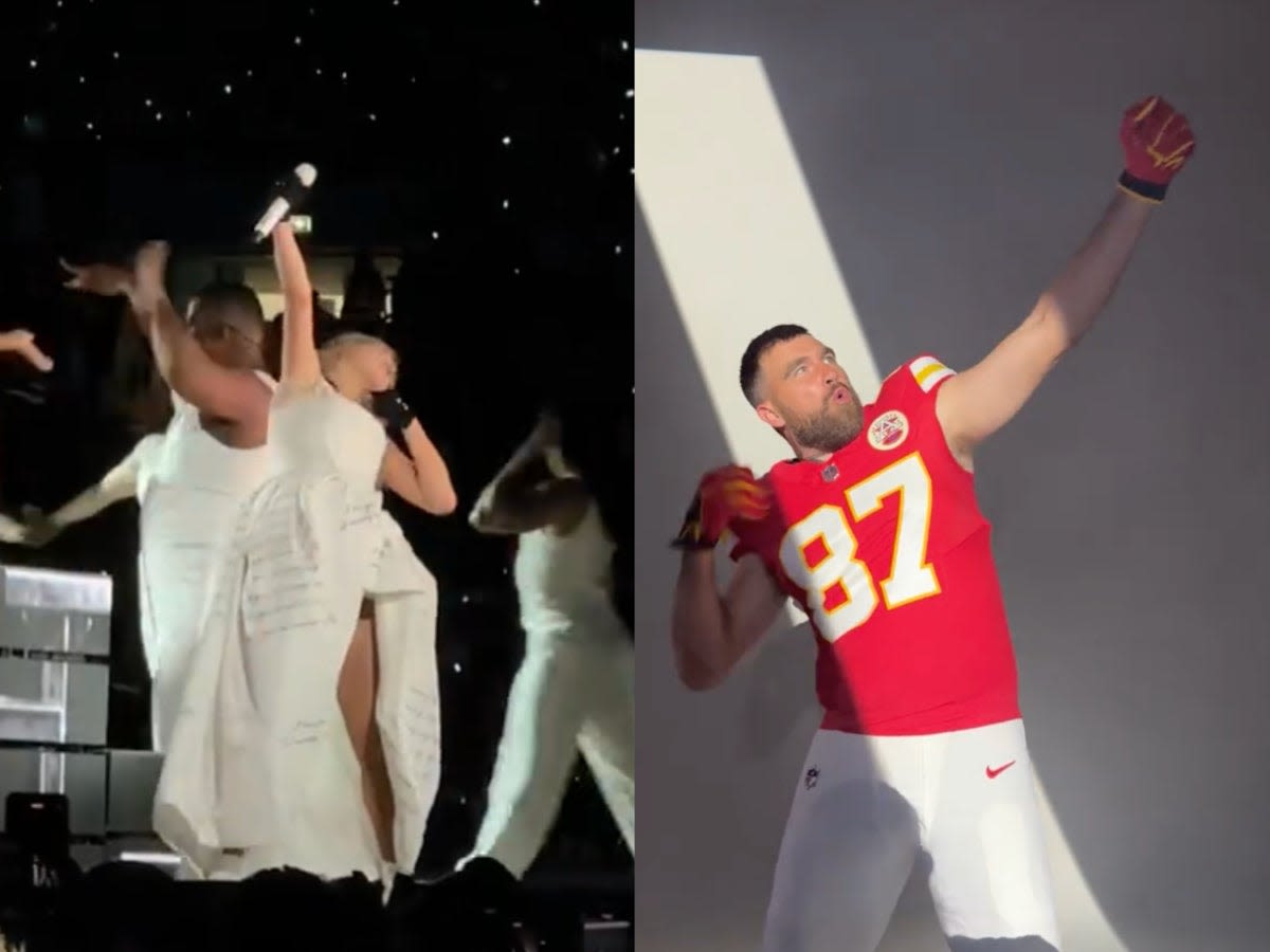 Taylor Swift reenacts boyfriend Travis Kelce’s bow and arrow move as he attends her London concert