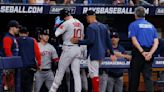 Red Sox 2B Story hit in hand while swinging, leaves game