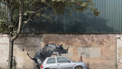 Banksy unveils rhino art that looks as though animal is climbing on a car