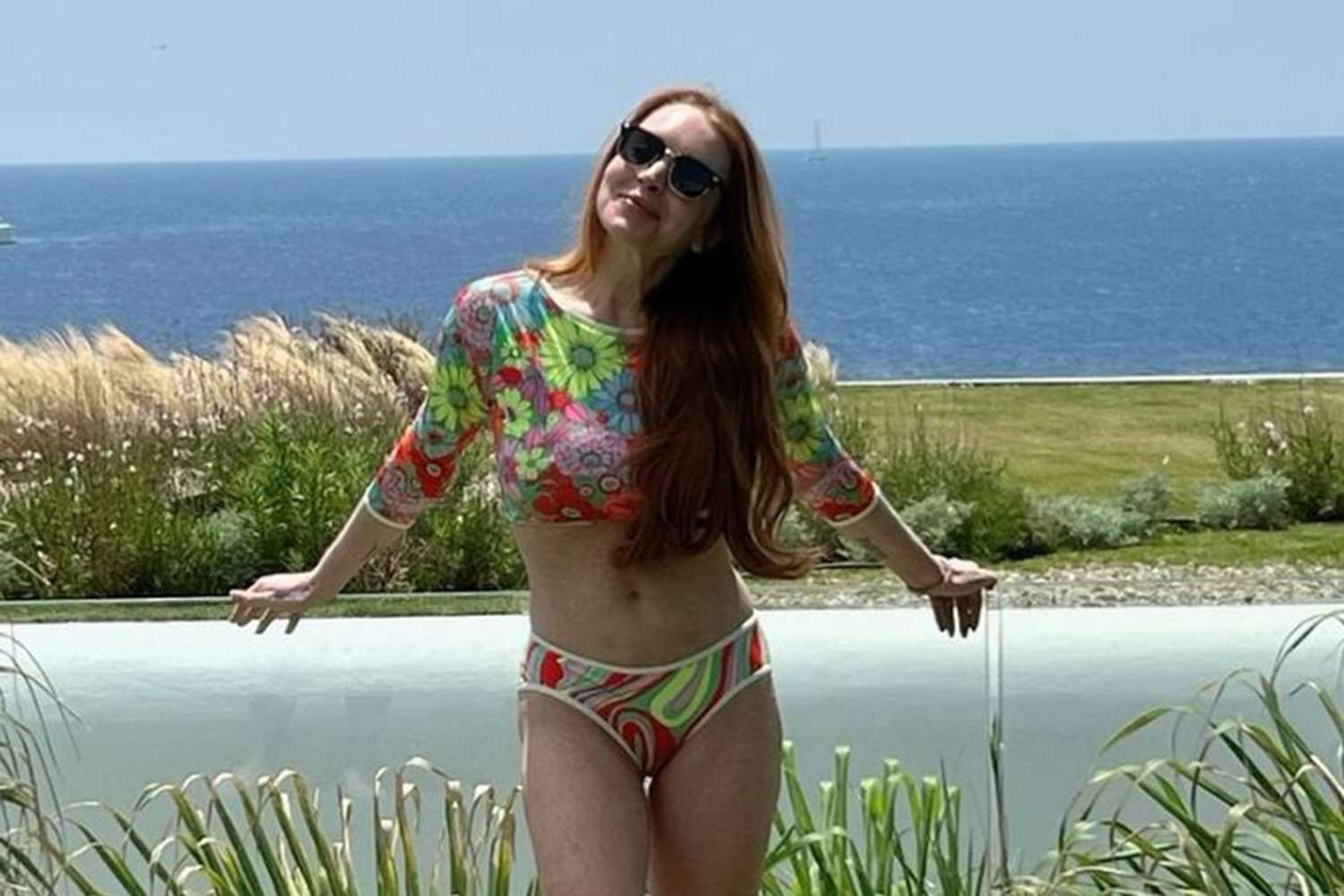 Lindsay Lohan Rocks a Colorful Swimsuit During Lavish Mykonos Vacation