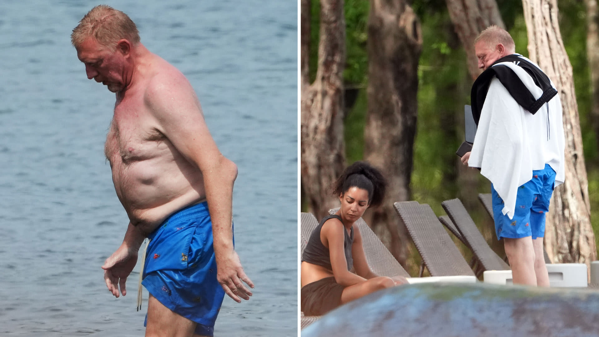 Becker shows elbow injury as he hits beach with fiancee 23 years his junior