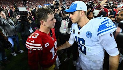 San Francisco 49 ers quarterback Brock Purdy speaks with Detroit...Levi's Stadium in Santa Clara, California, on Sunday, Jan. 28, 2024.