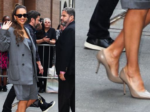 Jessica Alba Rewears Patent Leather Jimmy Choos With Gray Suit for ‘The View’ Appearance