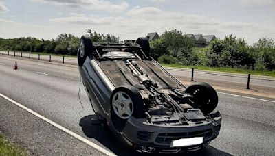 Car flips onto roof after 'driver spooked by spider'