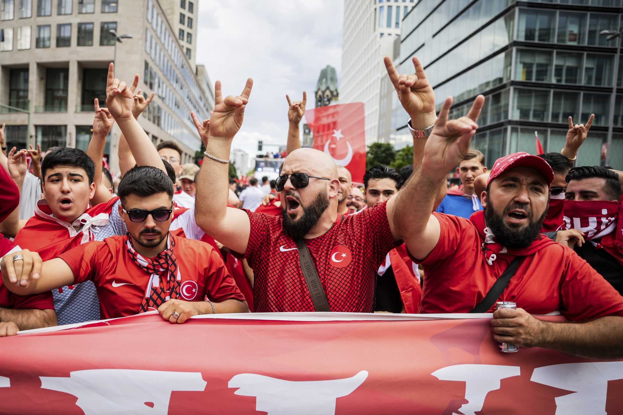 Turkey supporters make controversial hand gesture on way to stadium and in it for Euro 2024 match