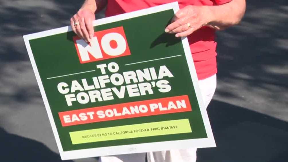 Opponents of California Forever's East Solano Plan post yard signs against new city