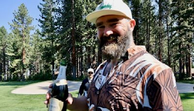 Jason Kelce wins American Century Championship’s Long Drive Competition, celebrates with bubbly