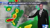 Inland-focused rain this evening