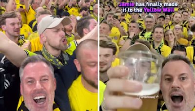 Jamie Carragher se infiltra en el 'muro amarillo' del Dortmund... ¿y la cerveza le pasa factura?