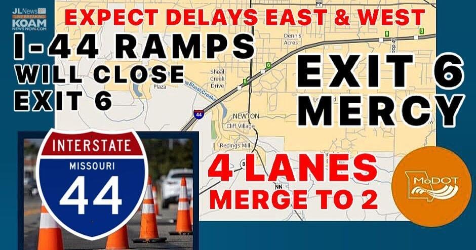 I-44 will reduce from 4 to 2 lanes near exit 6/Mercy for bridge rehab