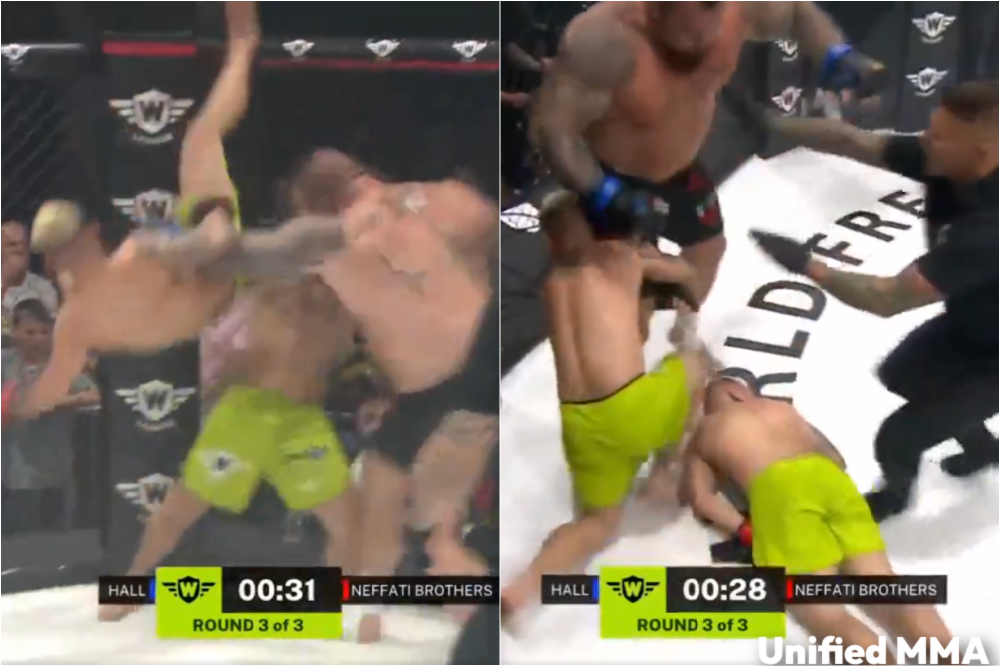 Video: Strongman Eddie Hall launches opponent airborne, then clocks him cold in wild 2-on-1 fight