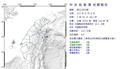 清晨地牛翻身！05:53花蓮規模4.0極淺層地震 4縣市有感