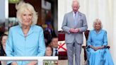 Queen Camilla Brightens Jersey in Vibrant Turquoise Anna Valentine Dress During Visit With King Charles