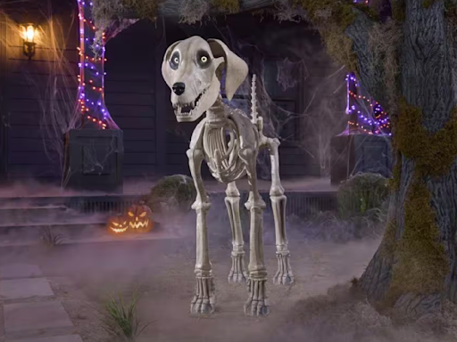 Skelly, Home Depot's 12-foot skeleton, gets a dog — and he's a very good boy