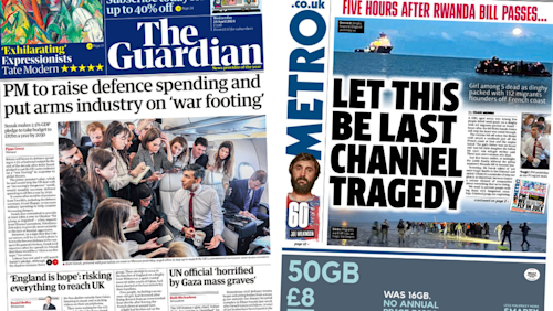 Newspaper headlines: Arms industry on 'war footing' and Channel tragedy