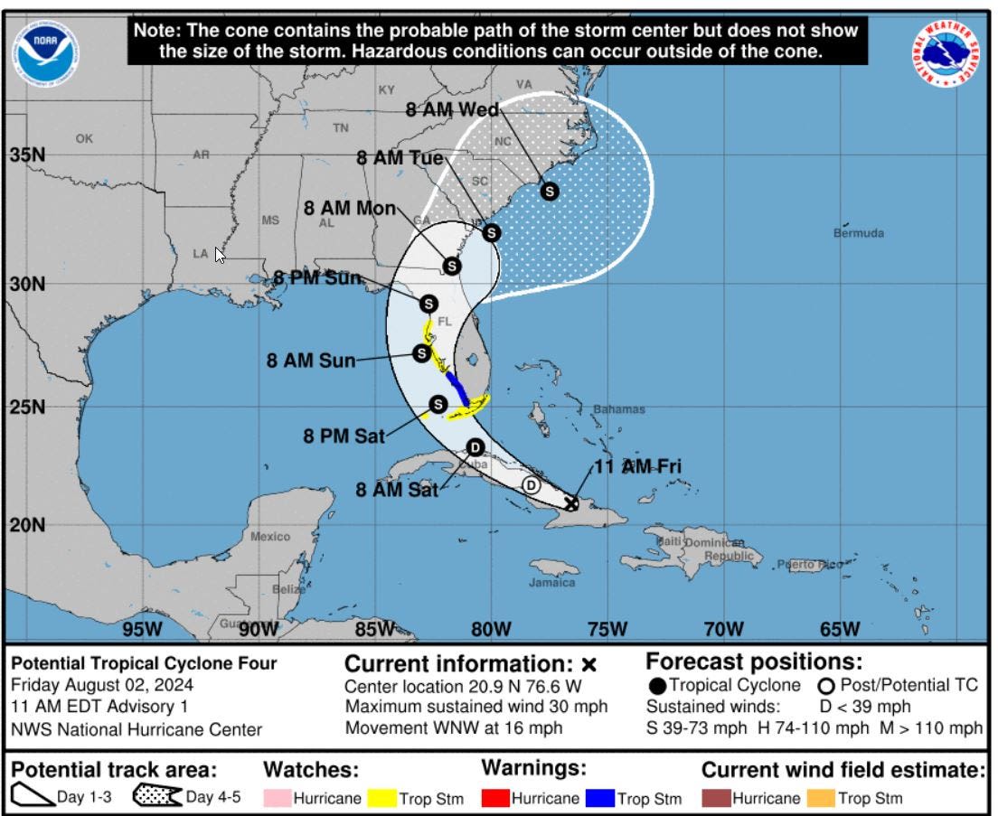 Hurricane Center says path of 'Potential Tropical Cyclone 4' could reach Jacksonville Monday