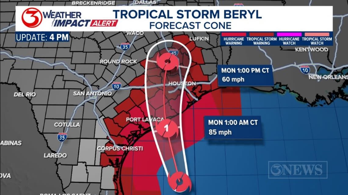 Tropical Storm Beryl is forecast to make landfall in the Middle Texas Gulf Coast overnight