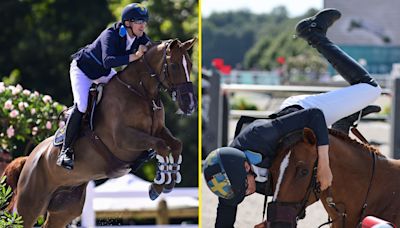 Shocking moment Olympic showjumper is thrown from horse and into obstacle