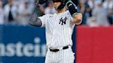 Giancarlo Stanton of the New York Yankees reacts after hitting a double in the fourth inning against the Atlanta Braves at Yankee Stadium on Saturday, June 22, 2024...