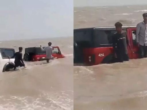 Mahindra Thar: Gujarat youngsters' Thar SUVs trapped in sea during IG reel stunt: Here's how police responded | - Times of India