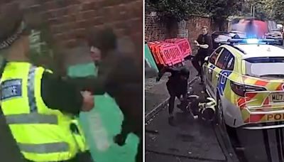 Horror moment cop is stabbed in the neck by hooded knifeman in random attack