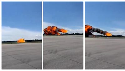 波蘭空軍綵排嚴重空難 教練機墜地爆炸拉出一條「火龍」
