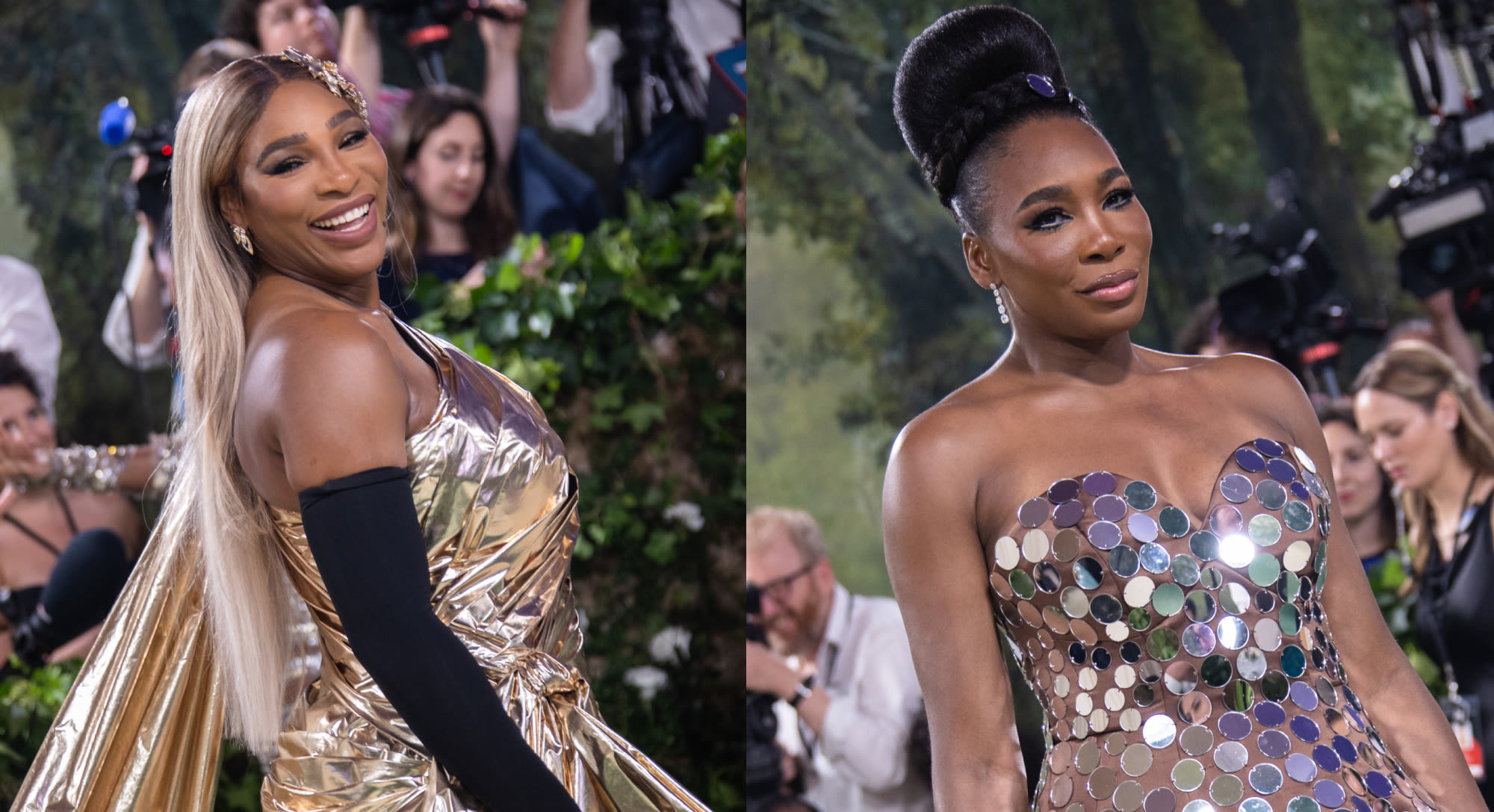 Serena Goes for Gold in Balenciaga and Venus Williams Shines in Mirrored Marc Jacobs Gown on Met Gala 2024 Red Carpet