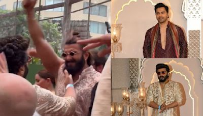 ...Radhika Merchant Wedding: Varun Dhawan, Ranveer Singh, Arjun, Janhvi, Sanjay Dutt, Anil Kapoor dance with groom during Baaraat; ...