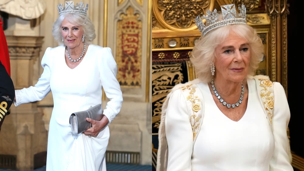 Queen Camilla Embraces Statement Shoulders in Fiona Clare Gown With Crown From Queen Elizabeth II’s Collection for State...