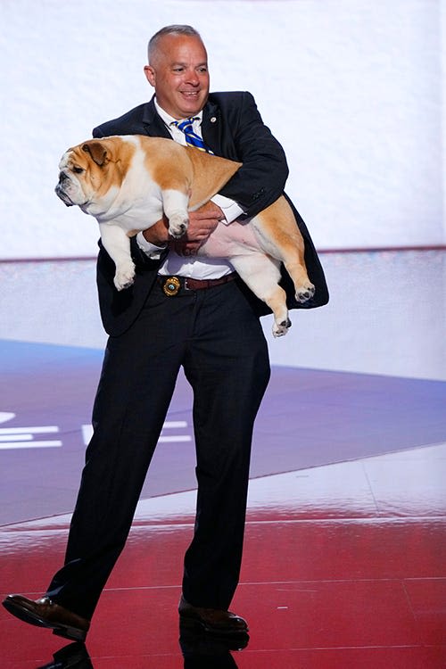 Babydog joins West Virginia Gov. Jim Justice on stage at Republican National Convention