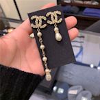 LINDA二手 Chanel/香奈兒新款不對稱鏈條水鉆雙C長款珍珠 耳環耳夾
