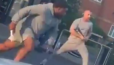 Moment fight erupts outside Tesco with knives, a baseball bat and pole