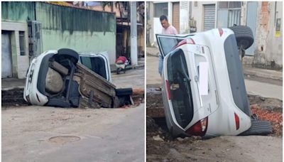 VÍDEO | Susto! Carro cai em buraco de obra em Vila Velha