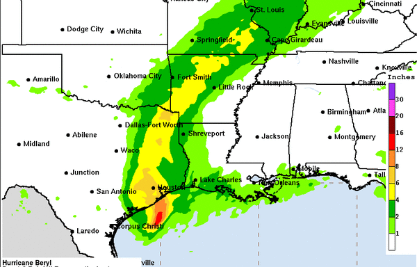 Hurricane Beryl to bring heavy rainfall as it moves inland from Texas. See forecast on map