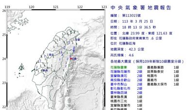 18：13花蓮近海規模4.6地震 13縣市有感