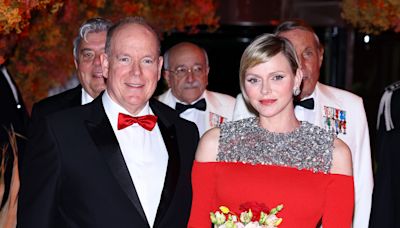 Princess Charlene Reworks Monaco’s Flag With Sparkling Details in Louis Vuitton Cold Shoulder Dress at F1 Monaco Grand...