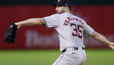 Justin Verlander of the Houston Astros pitches against the Oakland Athletics in the fourth inning at Oakland Coliseum on Friday, May 24, 2024, in Oakland, California.