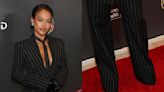 Karrueche Tran Wears Hidden Shoes & Striped Pant Suit to The Truth Awards