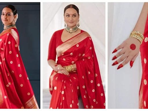 From chand-buta red silk saree to custom-made choker set: Taking a closer look at Sonakshi Sinha's ethereal wedding reception look - See new photos | - Times of India