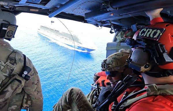 Rescue team from US Air Force airlifts critically ill passenger from cruise ship in open Atlantic waters
