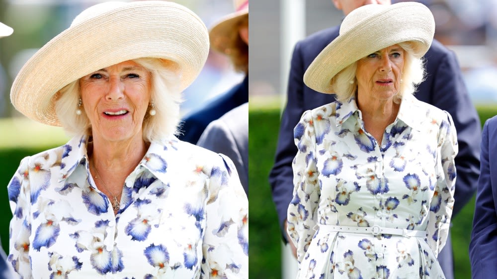 Queen Camilla Debuts Suzannah London Shirtdress With Maximalist Floral Prints for King George Day at Ascot Racecourse