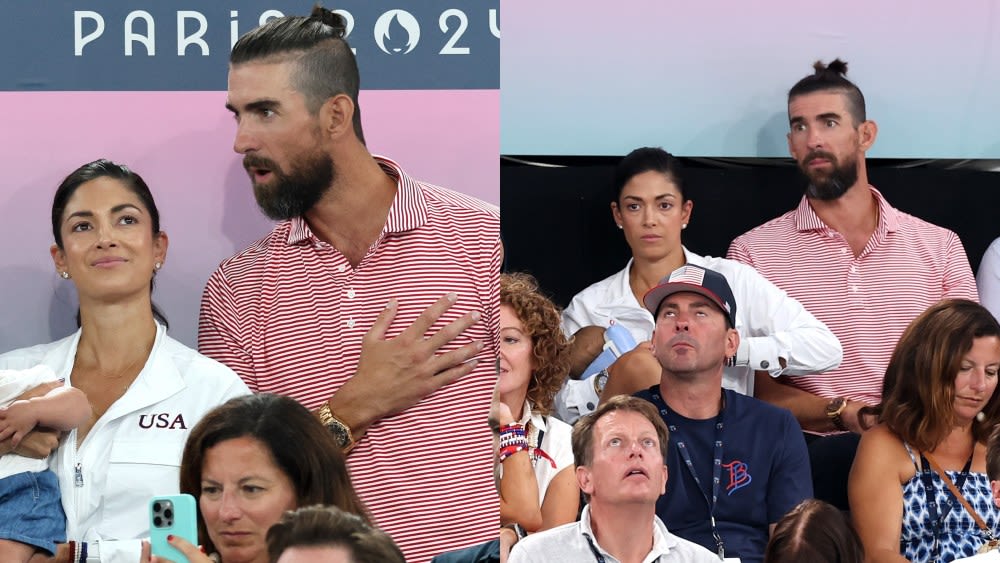 Michael Phelps, Wife Nicole and Son Nico Coordinate in Patriotic Colors at 2024 Paris Olympics to Celebrate Team USA Gymnastics...