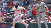 Marcell Ozuna of the Atlanta Braves rounds first base after hitting a double in the eighth inning against the Oakland Athletics at Truist Park on Sunday, June 2, 2024, in Atlanta.