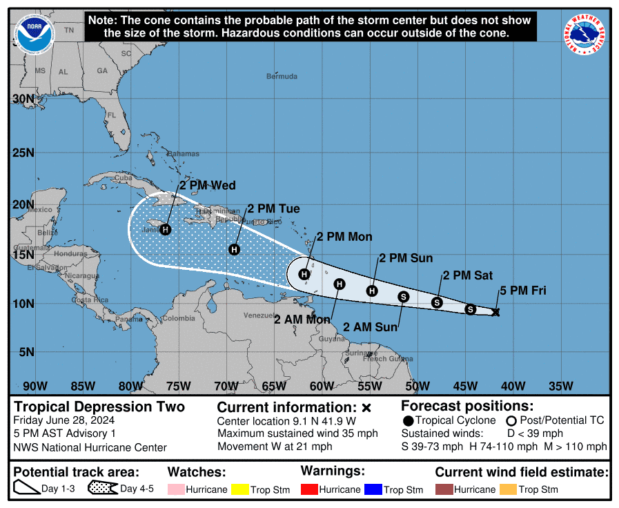 Tropical depression forms in Atlantic, could be Hurricane Beryl by Sunday