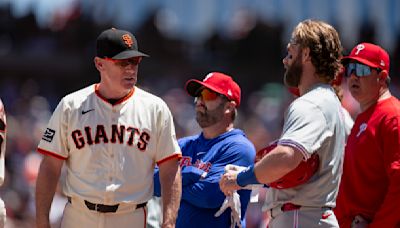 Benches clear after Bryce Harper takes close pitches in Phillies’ heated 6-1 win over Giants