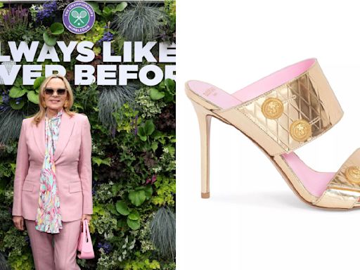 Kim Cattrall Turns Heads in Metallic Gold Balmain Mules at Wimbledon Championships 2024